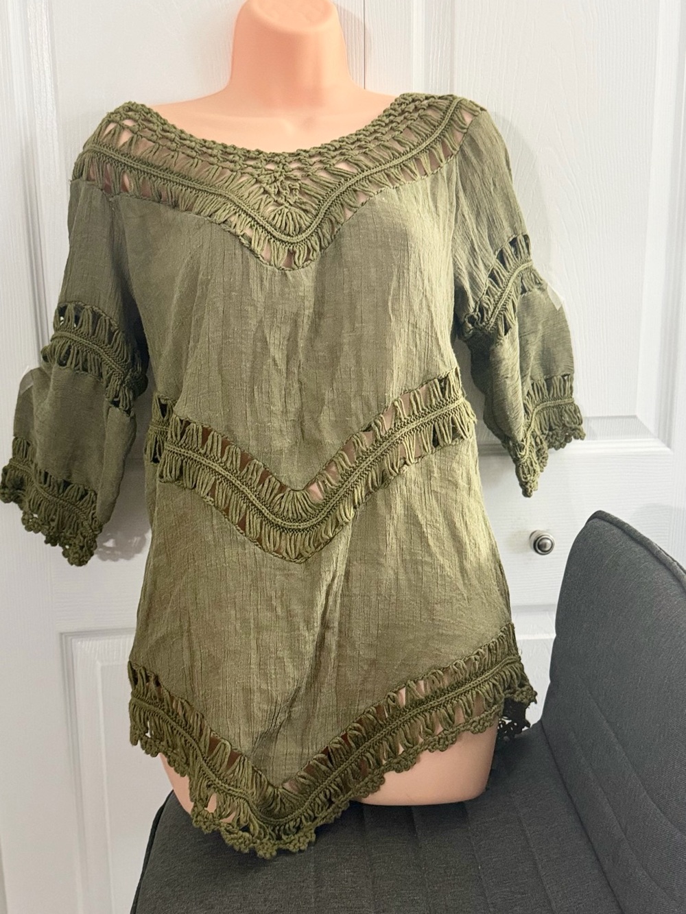 Women's Olive Crochet Trim V-Neck Tunic